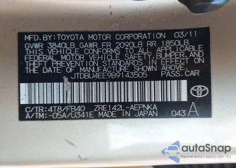 2011 Toyota Corolla Le из США, поврежденный, VIN JTDBU4EE9B9143505